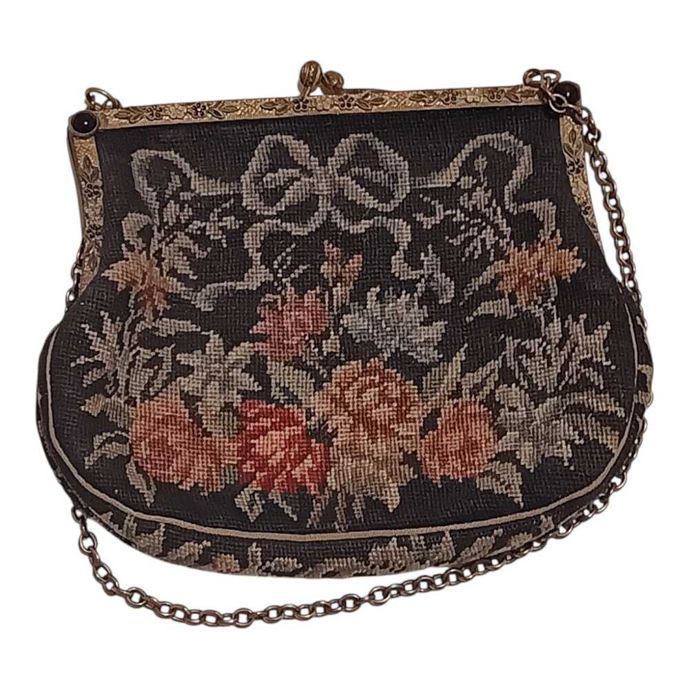Vintage‎ Austrian Petit Point Floral Evening Bag Silk Lined Clutch Handbag Black